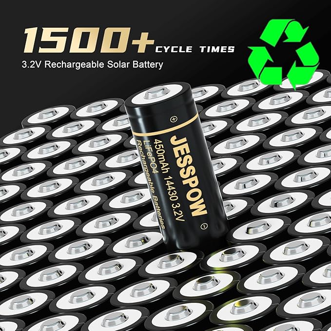 14430 3.2 Volt Rechargeable Solar Battery with Charger, JESSPOW Rechargeable LiFePo4 Batteries [ 450mAh 3.2V 8Pack ] for Outdoor Garden Light, Solar Panel Light, Shaver, Flashlight (NOT AA Battery)