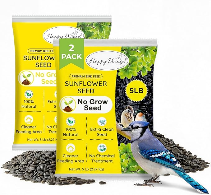 Happy Wings Black Oil Sunflower Seeds for Wild Birds 5 lbs- Combo Pack of 2 I No Grow Seed I High-Energy Bird Food Ideal for Finches, Sparrows, and More I All Year-Round Feeding.