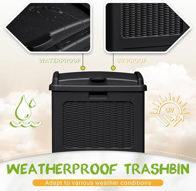 YESHOMY 2 Pack Outdoor Trash Can with Lid, Garbage Bins for Garden, Porch, Home and Kitchen, Black