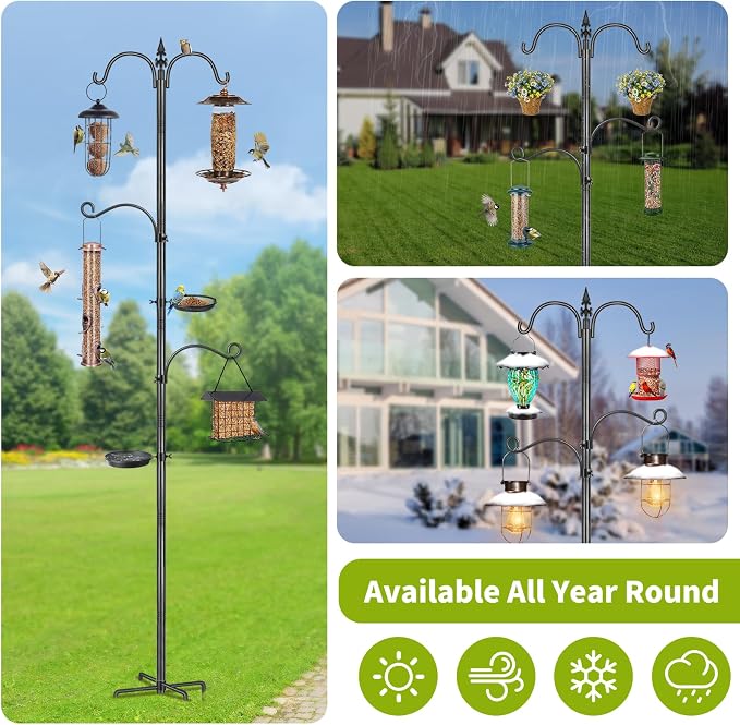 Bird Feeder Pole, 88 Inch Bird Feeding Station 4 Hook Heavy Duty Hummingbird Feeder Stand Hanger Shepherds Hook for Outdoors, with Birds Bath and Mesh Tray