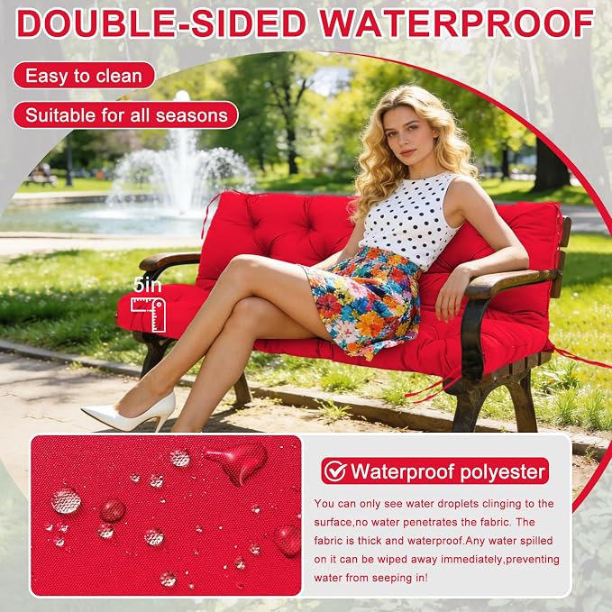 Porch Swing Cushions 60 inch Waterproof & Fade Resistant Thicken 5" Outdoor Swing Cushions 3 Seater Replacement with Backrest & Ties Patio Swing Cushions for Outdoor Furniture (Red)