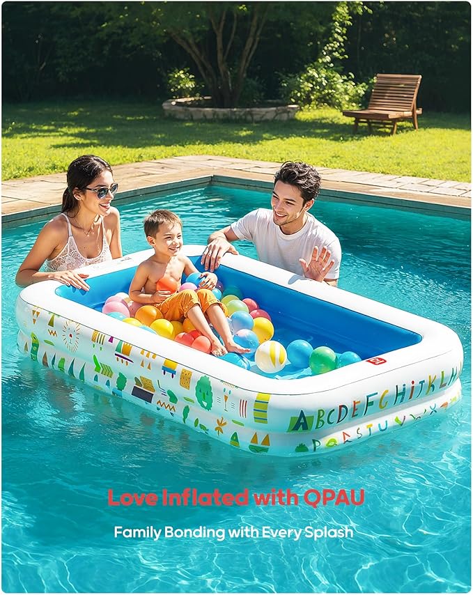 QPAU Kiddie Pool – 65" x 39" Inflatable Pool for Kids & Toddlers, Ball Pit & Baby Pool with Soft Floor, Educational Alphabet & Number, Durable Outdoor Play Toys for Backyard & Indoor Fun (Blue)
