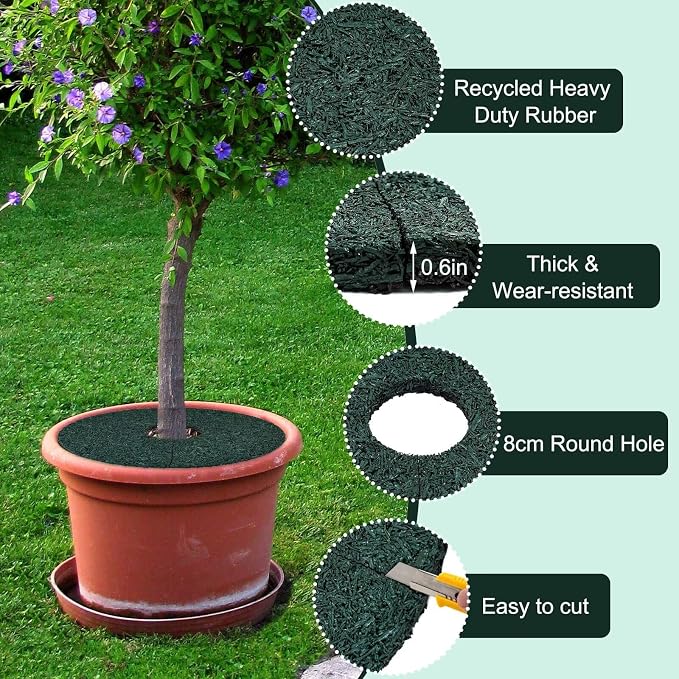 2pcs Double Side Rubber Tree Mulch Ring, 12In Heavy Duty Recycled Rubber Mulch Mat Natural Look Tree Root Protector Mat Reversible Round Tree Ring for Prevent Animal Dig, (Green Brown)