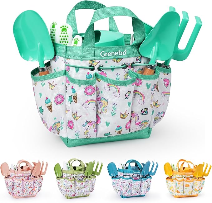 Grenebo Kids Gardening Set Toys,Includes Metal Trowel,Transplanting Shovel,Garden hat,Rake,Apron,Gloves,Watering Can,and Tool Organizer Bag (Lake Green)