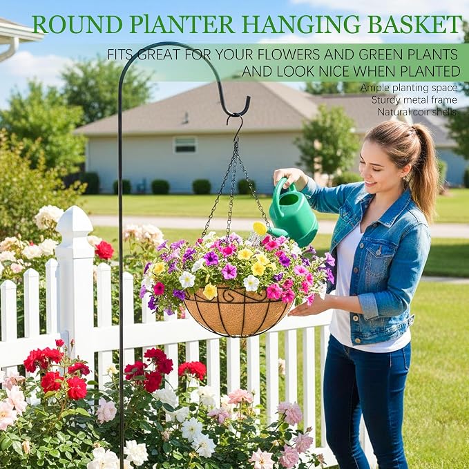 Hanging Planters for Outdoor Plants 4 Pack 12 inch Metal Hanging Flower Basket with Coco Coir Liner Wire Plant Holder Watering Flower Baskets Pot Hanger Garden Decoration for Indoor Outdoor(HBL)