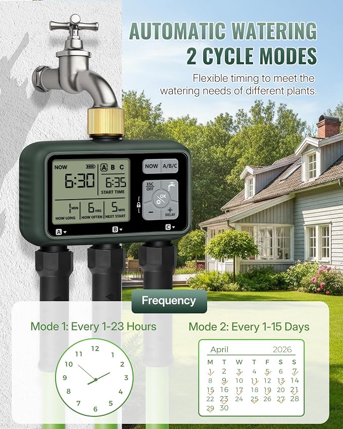 3 Zone Brass Sprinkler Timer, Garden Hose Timer, Automatic Irrigation System, Programmable Faucet, 3 Outlets, with Rain Delay, Manual Mode,Child Lock, for Yard, Garden, Lawn, Green E13WT06