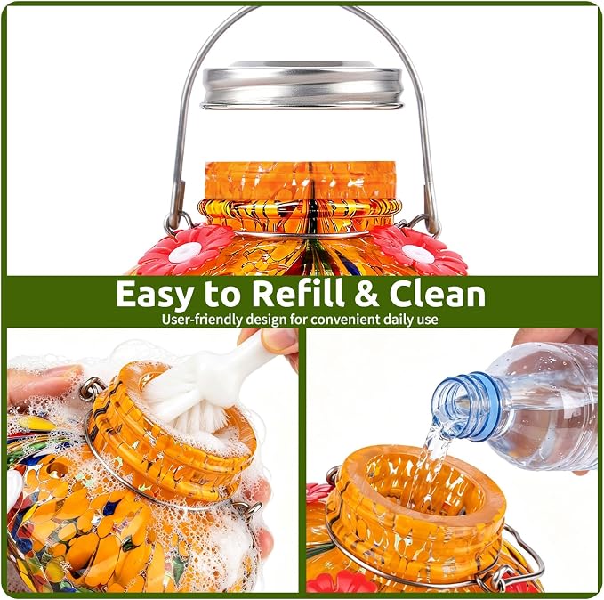 BOLITE Hummingbird Feeders for Outdoors, Hand Blown Top Fill Hummingbird Feeder, Glass Mason Jar with 4 Flower Feed Ports, Easy to Clean, Leak Proof, Bee Proof, Ant Moat, Orange, Gift for Bird Lovers