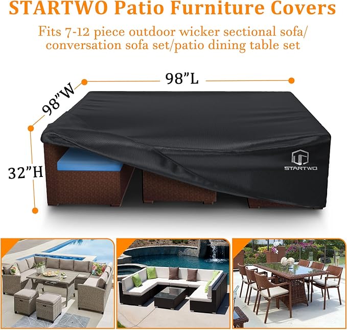 STARTWO Patio Furniture Covers Waterproof,Heavy Duty 7-12 Seats Outdoor Furniture Set Cover for Sectional Sofa and Table Chairs, 98"x98"x28", Black
