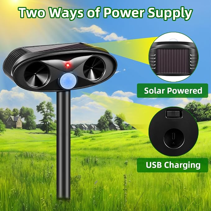 Upgraded Solar Ultrasonic Animal Repellent Outdoor for Squirrel,Dog,Raccoon,Skunk,Rabbit,4 Pack Cat Deterrent Sonic Deer Repellent Devices USB Charge Animal Repeller for Yard Garden,Black