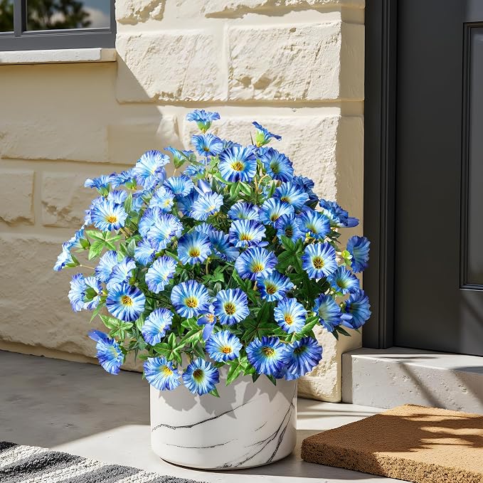 Blue Artificial Morning Glory Flowers for Outdoor Planters, Premium UV Resistant Silk Faux Flowers for Porch, Hanging Basket & Window Box, Lifelike Floral Arrangement, No Pot 13.3“ 8 Bundles