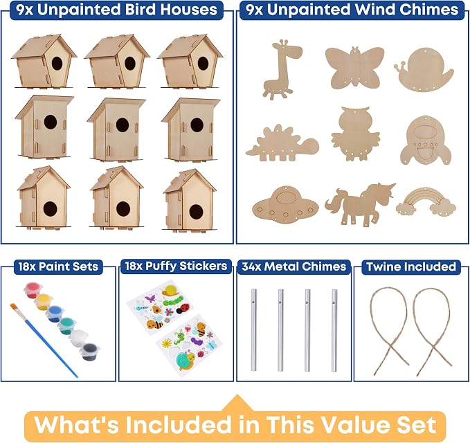 9 Wooden Birdhouses & 9 Wind Chimes -Art & Crafts for Kids Ages 4 5 6 7 8 - Kids Bulk Arts and Crafts Set with Painting Kit -DIY Wood Bird House and Windchimes Kits for Boys Girls to Build & Paint