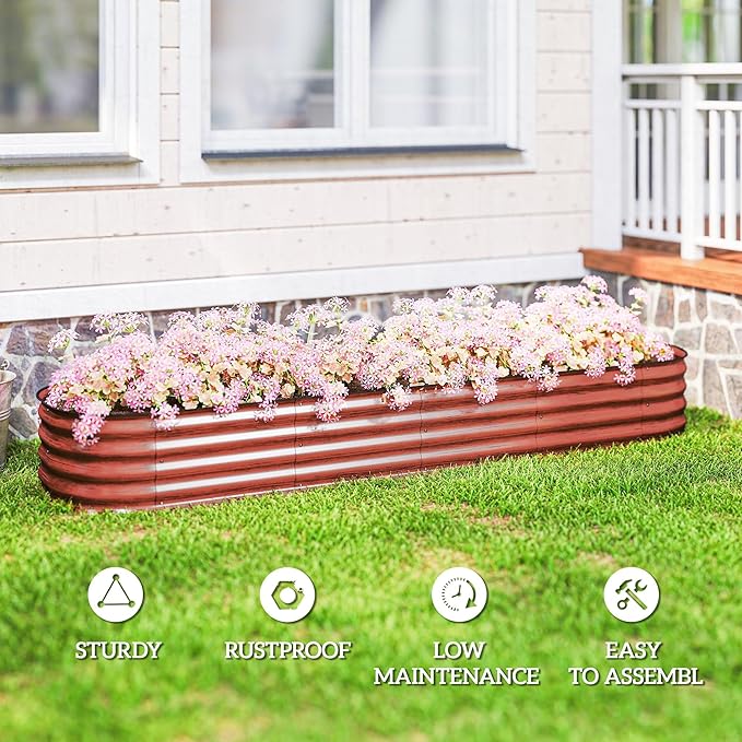 Outsunny 8' x 2' x 1' Galvanized Raised Garden Bed Kit, Outdoor Metal Elevated Planter Box with Safety Edging, Easy DIY Stock Tank for Growing Flowers, Herbs & Vegetables, Dark Brown