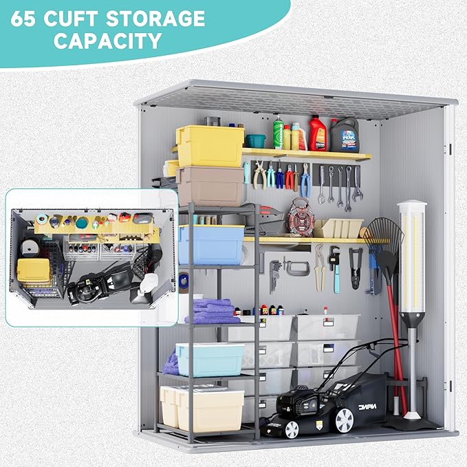 Greesum 5X3FT Plastic Storage Shed with Floor, Resin Outdoor Storaged Shed with Lockable Door, Easy Assembly All-Weather Tool Sheds for Garden, Backyard, Patio, Light Gray (4.7×2.5FT)