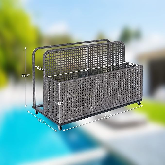 Outdoor Poolside Float Storage with Wheels, 43.3 x 22.5 x 28.7 Rolling PE Rattan Pool Caddy with Compartment & Basket, Portable Wicker Storage Organizer for Toys, Floats & Towels, Gary