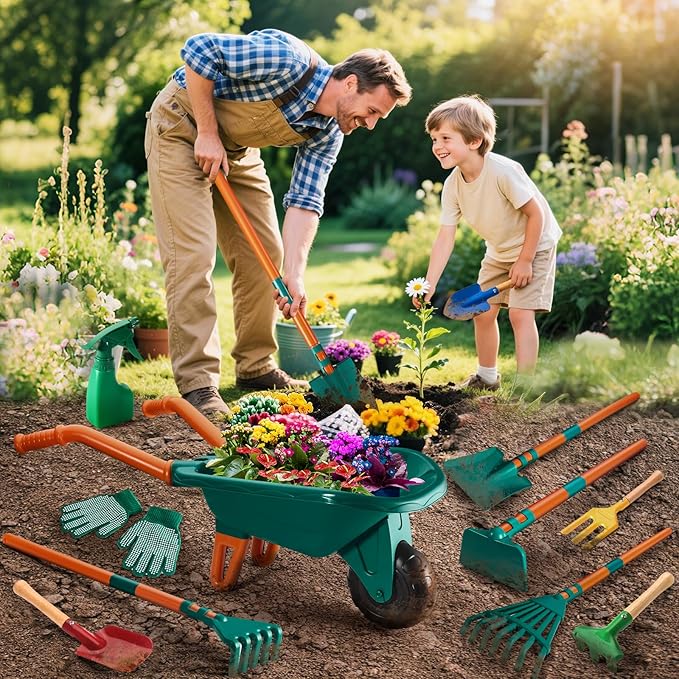 Kids Gardening Set-Kids Gardening Tools Wheelbarrow Set with Shovel, Leaf Rake, Gloves, Spray Bottle-Toddler Gardening Set Play Outdoor Educational STEM Learning for Boys Girls Age 3+