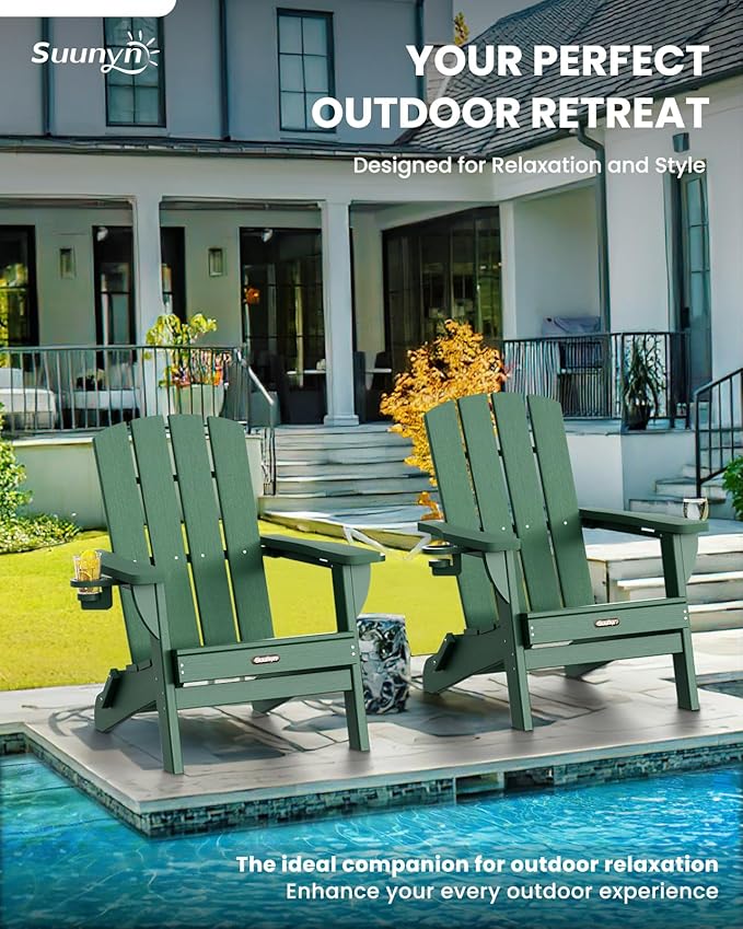 Folding Adirondack Chair 6 Pack, HDPE All-Weather Fire Pit Chairs, Plastic Adirondack Chairs with 2 Cup Holder, Outdoor Lawn Chair for Patio Garden (Green)