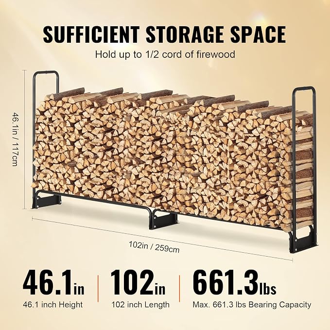 VEVOR 8.5FT Outdoor Firewood Rack with Cover, 102x14.2x46.1 in, Heavy Duty Firewood Holder & 600D Oxford Waterproof Cover for Fireplace, Patio, Indoor/Outdoor Log Storage Rack for 1/2 Cord of Firewood