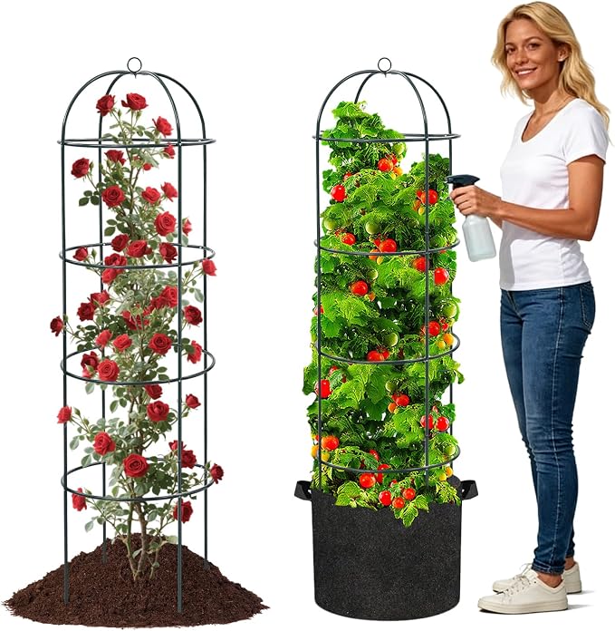 Large Trellis, Garden Obelisk Trellis for Climbing Plants Outdoor, 55" Metal Trellises for Tomato Cucumber Clematis Rose Vine Support, Heavy Duty Round Cage Stand for Grow Bag Raised Bed Yard, 2 Pack