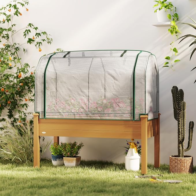 Outsunny Raised Garden Bed with PE Greenhouse Cover Outdoor Elevated Wood Planter Box for Herbs and Vegetables, Use for Patio, Backyard, Balcony, 48 x 22 x 46 inch, Sand