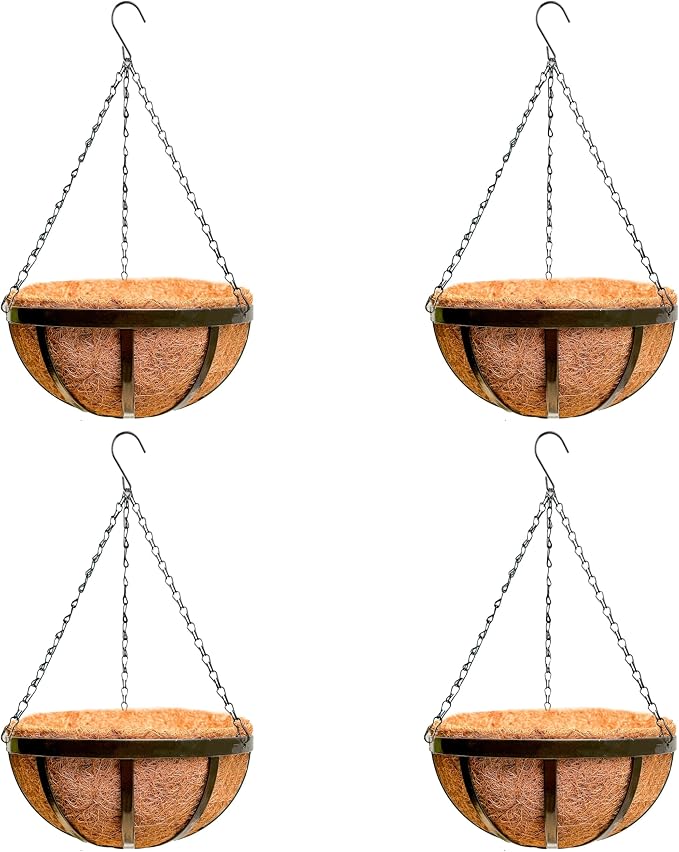 LaLaGreen Outdoor Hanging Baskets for Plants (16 Inch, 4 Pack) Black Large Hanging Planter with Coco Liner, Flat Iron Plant Pot Metal Flower Pots Deck Patio Porch Garden Balcony Outside Decoration