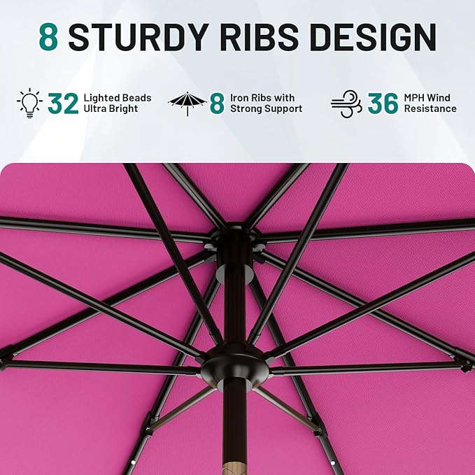 AreShark 11FT Large Patio Umbrella with Solar Lights, Lighted Solar Umbrella with Crank, Outdoor Table Market Umbrellas for Garden, Deck, Backyard, Pool and Beach, Rose Pink
