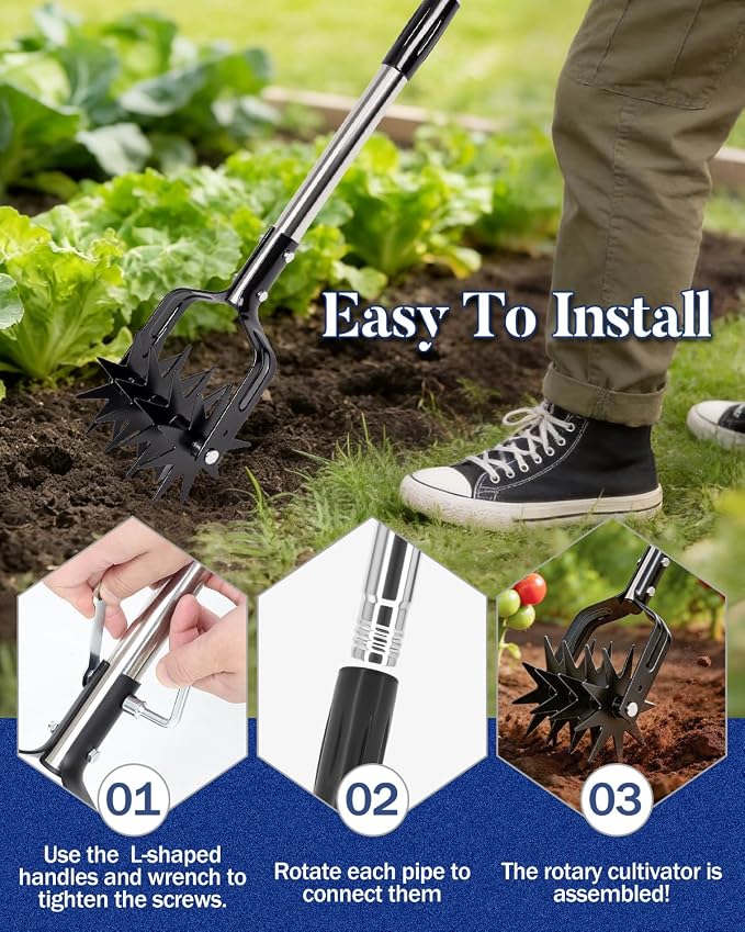Joyhalo Rotary Cultivator Garden Tool, Manual Hand Tiller with 57in Adjustable Stainless Steel Pole and Parallel-Blades Tines for Reseeding Grass, Soil Aeration, and Small Garden Beds