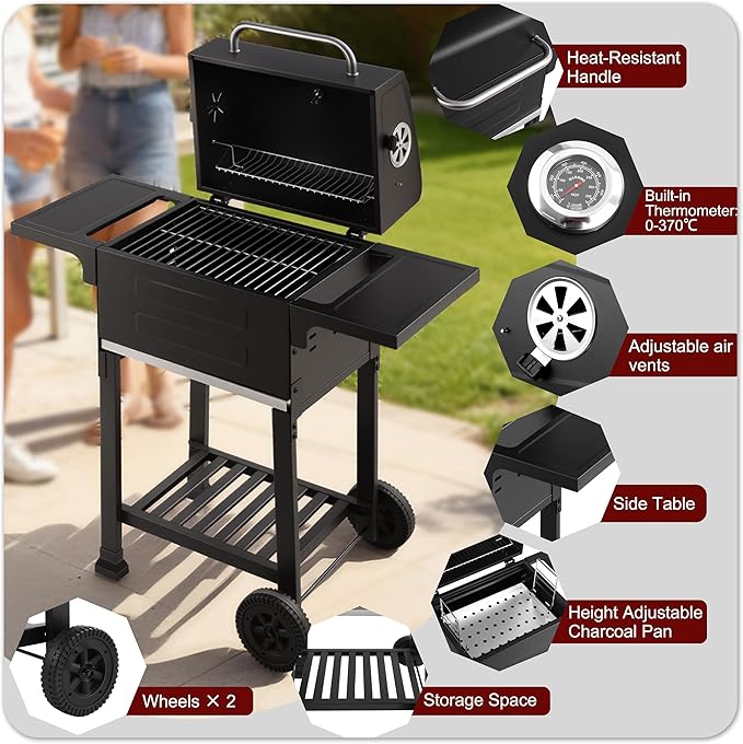 Small Charcoal Grill, 200.82 Sq.In Outdoor BBQ Grill with Side Tables, Built-in Thermometer, 3-Level Adjustable Charcoal Pan, Removable Ash Tray, Compact Patio Grill with Wheels