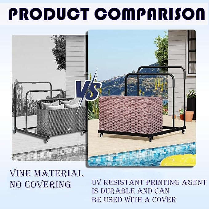 FONTOI Pool Storage, All-Weather Float Storage Organizer for Cushions, Pool Float Storage Bin with Wheels, Waterproof Metal with Rattan Pattern UV Print Outdoor Pool Towel Rack, Brown