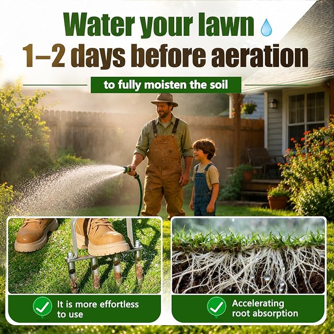 Bigwish Stainless Steel Aerator Lawn Tool with 4 Heavy-Duty Hollow Tines,Anti-Clogging Core Aerator,Ergonomic Design Lawn Aerator,Semi-Assembled Lawn Aerator Tool for Lawn Garden Yard Patio