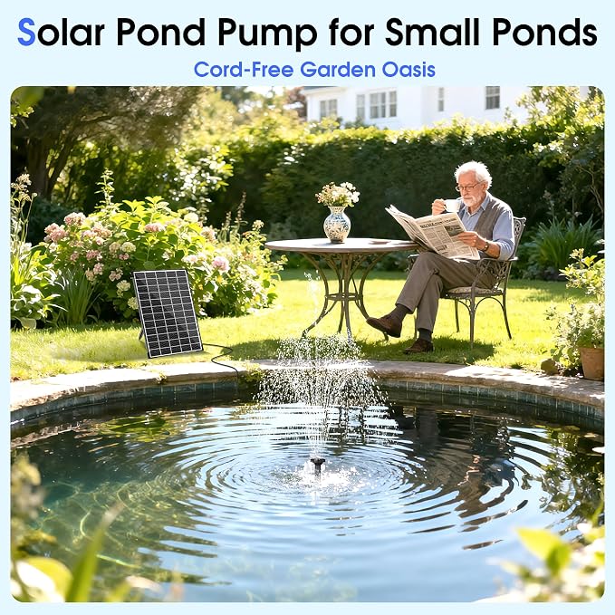 Biling 12W Solar Fountain Pump with 5000 mAh Battery Backup, 80GPH Solar Water Pump with 8 Nozzles, 5ft Tubing for Bird Bath Small Garden Pond Water Features