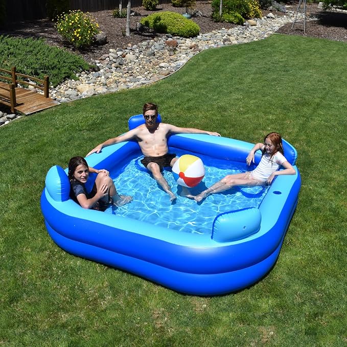 Inflatable Pool w/Seats & Headrests, 8ft x 8ft, Comes with Electric Pump and Ground Tarp Included - Fast Setup and Reinforced Seams