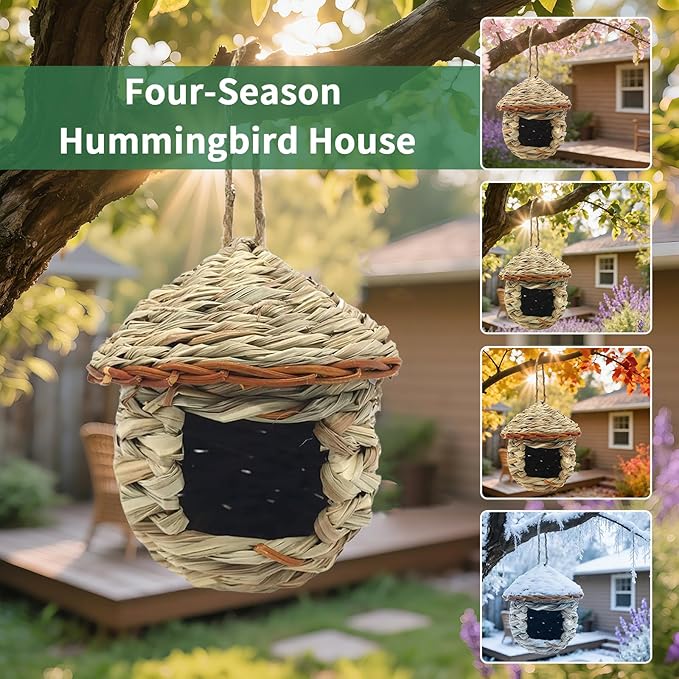 Gute Hummingbird House, Grass Hand Woven Birdhouses for Outdoors Hanging, Natural Bird Hut for Outside, Bird Houses for Audubon Finch Canary Chickadee - Set of 2