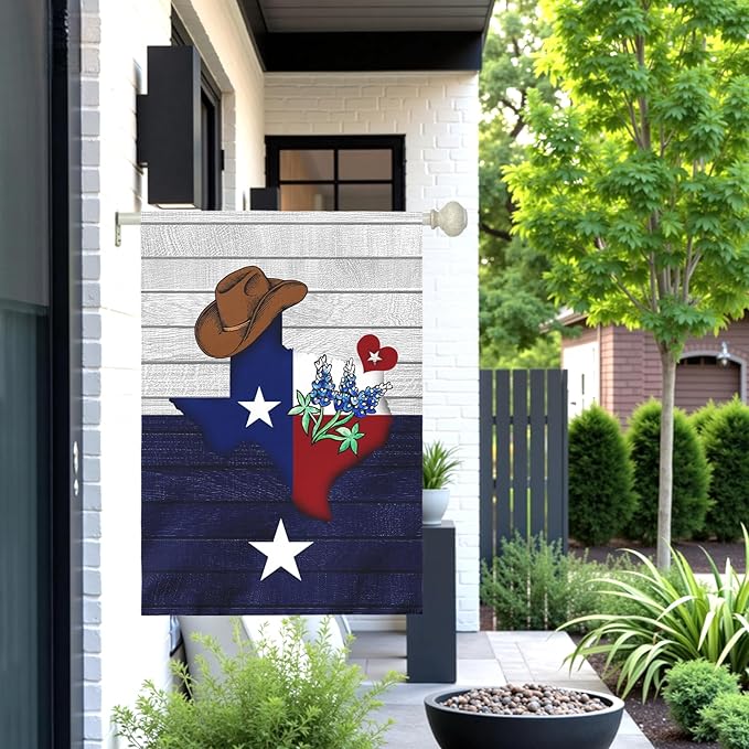 Texas Bluebonnet Garden Flag Cowboy Hat Texas State Yard Flag Americana Western House Banner Polyester Double Sided for Outdoor Wall Yard Patio Window Porch Welcome Banners Gift 28 x 40 Inch