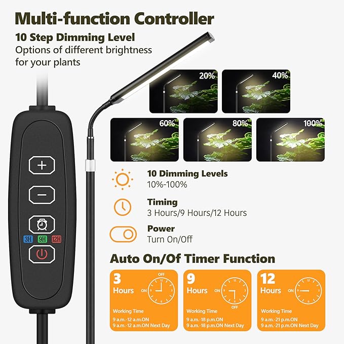 Grow Light for Indoor Plants, Full Spectrum LED Grow Light with Stand, Auto On/Off Timer, Height Adjustable Floor Plant Lamp with Gooseneck, 10-Level Dimmable Light for Small Tall Houseplants