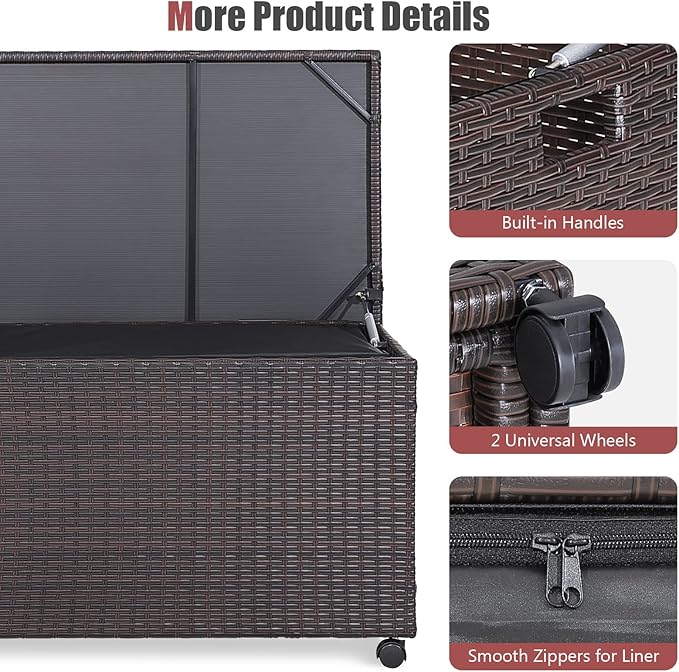 Giantex Outdoor Wicker Storage Box - 50 Gallon PE Rattan Storage Container with Lid, Waterproof Liner, Universal Wheels, Deck Storage for Pillows, Cushions, Gardening Tools, Mix Brown