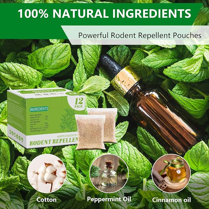 Natural Mouse Repellent Pouches 12 Pack – Peppermint Oil Rodent Repellent Indoor for Home, Garage, Car & RV – Pest Control Pouches Long Lasting Mice Deterrent, Safe for Kids & Pets