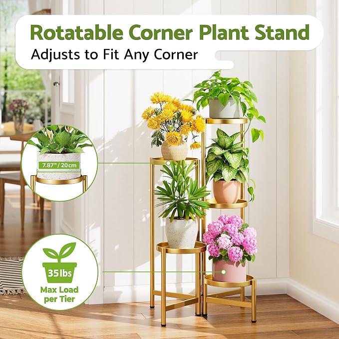 Tall Gold Plant Stand Indoor Outdoor, Corner Metal Flower Pot Stands for Multiple Plants, 5 Tiered Heavy Duty Plant Shelf for Patio Garden Balcony Living Room Bedroom - GoldDisk