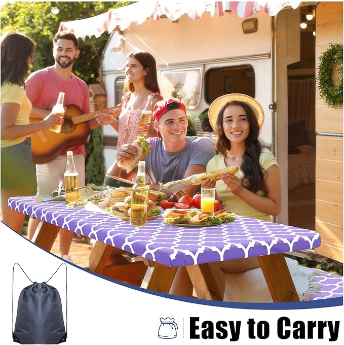 Smiry Picnic Table Cover with Bench Covers, Waterproof Elastic Fitted Tablecloth for 8 Foot Tables, Washable Polyester Tablecloths for Camping, Indoor & Outdoor (Lavender, 30x96 Inch 3-pc Set)