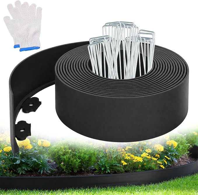 20ft Garden Edging Border, 4 Inches Tall Landscape Edging for Flower Bed Edging & Garden Bed Edging, Flexible Plastic Landscape Border with 25 Metal Stakes for Lawn Edging & Yard Borders