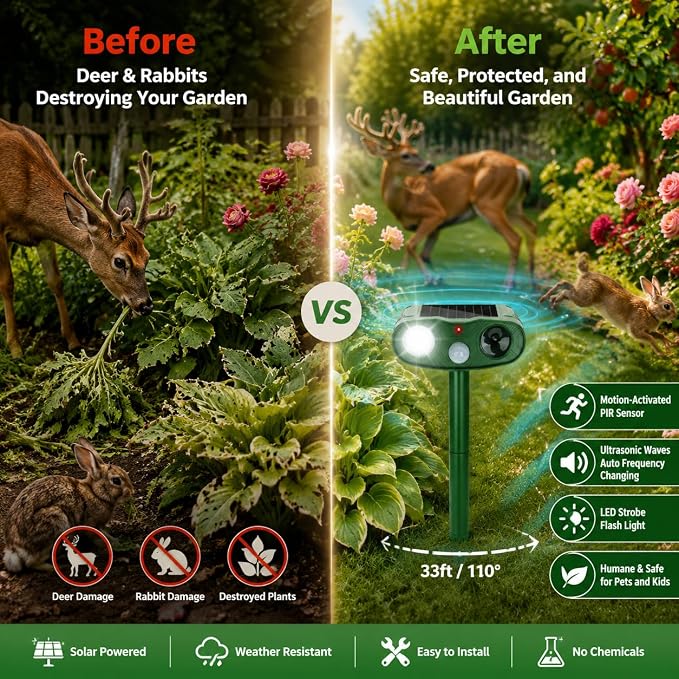 2026 4Pack Sonic Fortress Pro Deer Repellent Devices to Protect Hostas&Plants,Solar Ultrasonic Animal Repellent with Flash Light&Motion Activated for Garden,Yard,Keep Rabbit,Squirrel Away (4)