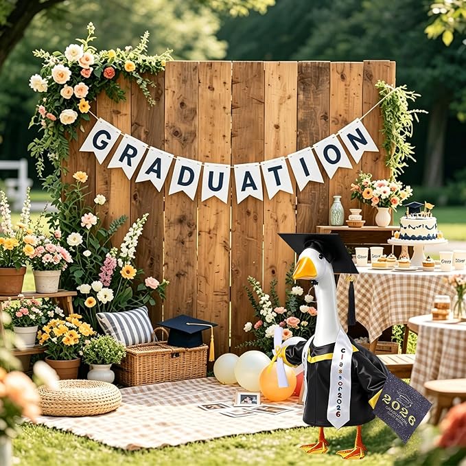 Porch Goose Graduation Outfit Fits 23 Inch Cement or Plastic Geese, Complete Porch Goose Clothes Set with Cap, Gown, Stole, Book & Memory Book for Graduation Party Outdoor Yard Lawn Classroom Decor