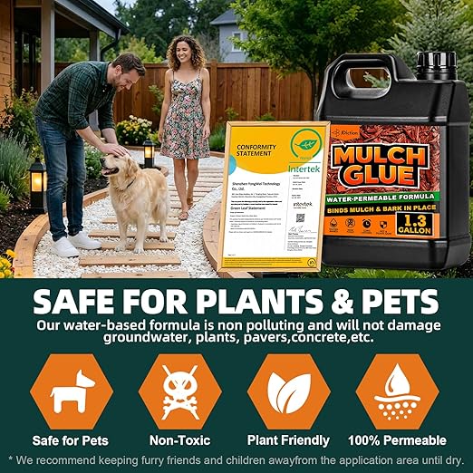 JDiction Mulch Glue for Landscaping - 1.3 Gallon Intertek Certified Safe Rock Glue, 10X Mega Strength Gravel Binder for Rubber Mulch, Pebbles & Stone, No White Residue, Water Permeable, Lasts 2 Years