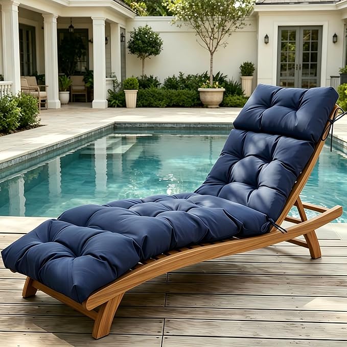 Outdoor Chaise Lounge Cushions 75.1x22.8x4.7 Inch, Waterproof Lounge Chair Cushions for Pool, Patio, Deck, Lawn, Fade Resistant Lounge Cushions for Outdoor Furniture with Ties, Navy Blue
