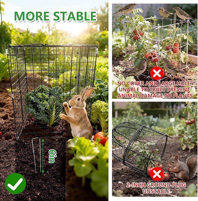 Garden Wire Cloches For Plants Extra Large 13.2" X13.2" X16.7" Rustproof Plant Cages For Outdoor Plants Protectors From Animals With Openable Top Cover & Stakes Plant Cages To Keep Animals Out (2 PCS)
