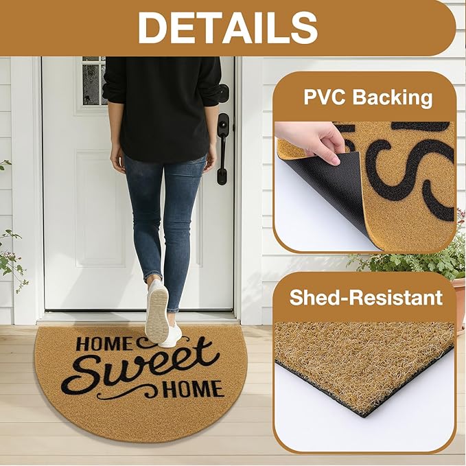 OLANLY Half Circle Front Door Mat, Low Profile Doormat, Stain and Fade Resistant, Easy to Clean, for Indoor and Outdoor Entrances, Patio Porch or Entryway, Brown (30x17 Inch, Home Sweet Home)