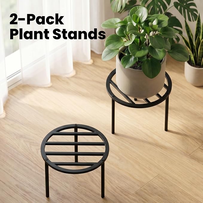 TOSKING 2-Pack Heavy Duty Metal Plant Stand Holds 120 lbs –10.2" Modern Minimalist Slatted Top Stand for Medium to Large Pots, Adjustable Leveling Feet & Rustproof Finish, Indoor/Outdoor, Black (10.2"D x 7.9"H)