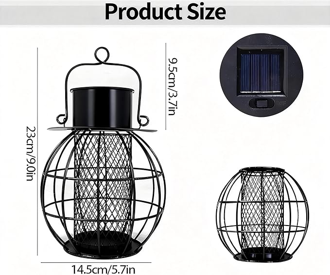 Suet Ball Bird Feeder Outdoor Hanging- Heavy Duty Metal Bird Feeder with Solar Lights,Chew-Proof,Outdoor Solar Lantern Feeder for Small Birds, Unique Gifts for Mom, Grandma (Black)