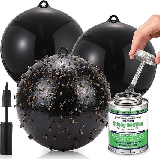 3 Pcs Large Fly Trap Balls Hanging Fruit Fly Traps Outdoor Adhesive Insect Balls with a Sticky Coating Glue Air Pump Insect Catch Sticky Bug for Farm Orchard Deerflies Mosquito (Black)