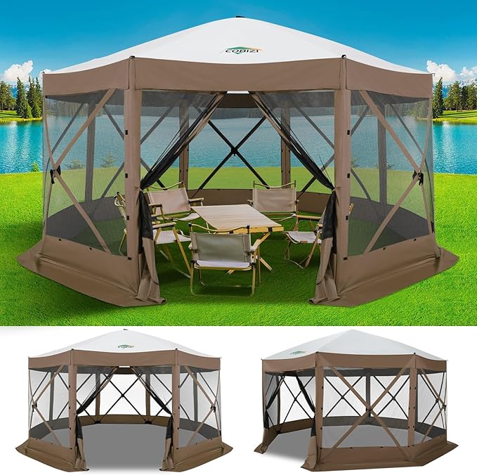 COBIZI 15x15 FT Pop Up Gazebo - Canopy Tent, Large Gazebos On Clearance with Sidewalls, Screened in Gazebo,carpas para Patio,Portable Screen Tents for 12-15 Persons Outdoor Camping, Backyard,Brown