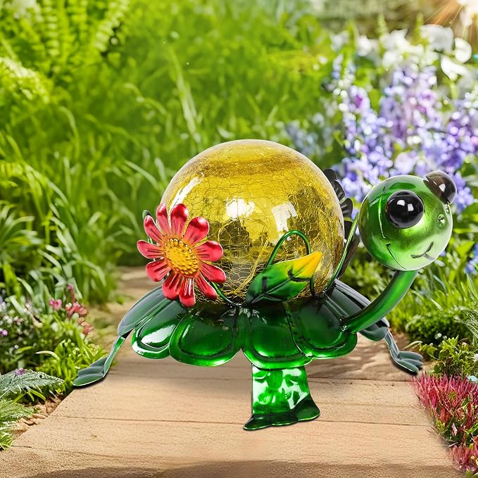 MUMTOP Solar Lanterns Outdoor Waterproof - Colorful Metal Turtle Solar Lights Decorative, Glass Tortoise Light Tabletop Lantern Lamp Ornaments for Yard Patio Garden Outside Decorations